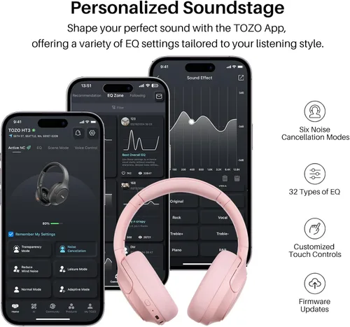 Vista 4 de TOZO Auriculares híbridos HT3 con cancelación de ruido, audio espacial AI Chat con 5 micrófonos, reloj inteligente S8 AMOLED para mujer, pantalla a