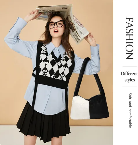 Vista 6 de Bolso de mano mullido Y2K Bolso de hombro esponjoso para mujer, bolso de felpa grande, lindo bolso de piel sintética para mujer para otoño e invierno
