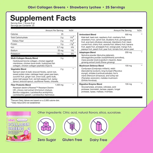 Vista 2 de Obvi Colágeno Greens Superalimento en polvo orgánico con colágeno, probióticos para la salud intestinal, piel, cabello, uñas Sin gluten, cero