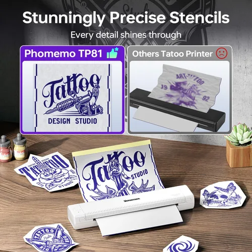 Vista 4 de Phomemo Impresora de plantillas de tatuaje actualizada, TP81 impresora de tatuaje Bluetooth con 10 piezas de papel de transferencia, compatible
