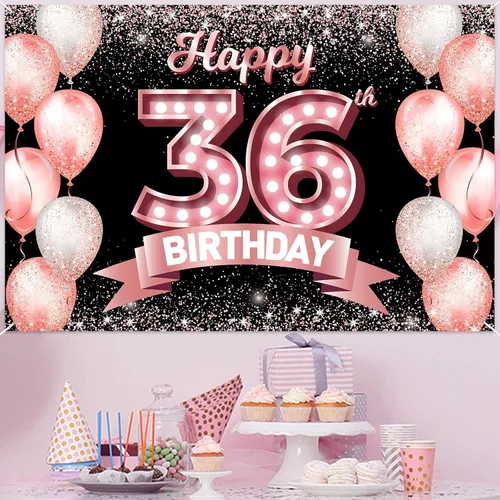 Vista 318 de Cartel de feliz cumpleaños décimo oro rosa, telón de fondo, saludos a 10 años, globos de confeti, decoración temática para niñas de 10 años