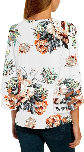 Vista 2 de LookbookStore - Camisa para mujer, estampada, con cuello en V, mangas 34 acampanadas y paneles de malla