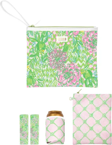 Vista 19 de Lilly Pulitzer Funda de vinilo resistente al agua para la playa, bolsa con cremallera incluye protector de bebidas, funda pequeña y clips para toalla