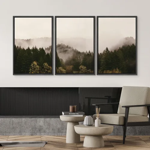 Vista 480 de SIGNWIN Lienzo enmarcado para pared, juego de arte pastel con cadena montañosa, bosque, niebla, naturaleza silvestre, ilustraciones modernas, arte