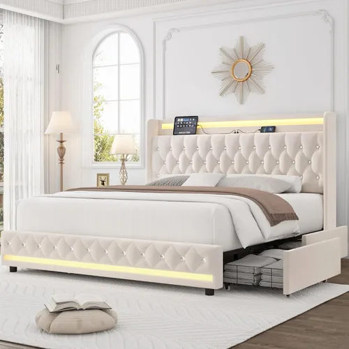Vista 14 de HIFIT Marco de cama tapizada tamaño individual LED con cabecera de estación de carga y 4 cajones de almacenamiento, marcos de cama de plataforma