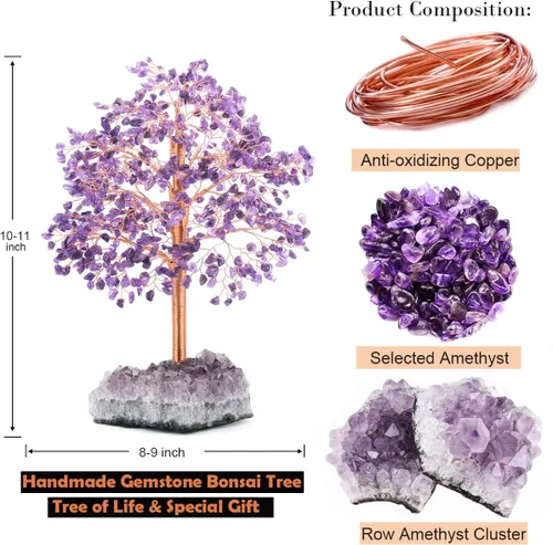 Vista 4 de MASGEMES Árbol de cristal grande de amatista natural con base de racimo de amatista árbol de Feng Shui curativo árbol de dinero bonsái para riqueza