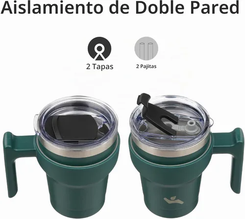 Vista 3 de Konokyo - Vaso de 10 onzas con asa y 2 popotes, 2 tapas, botella de agua aislada de acero inoxidable, taza de viaje reutilizable, color verde militar