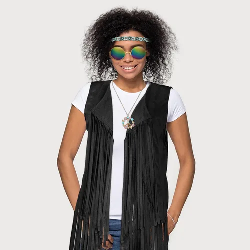 Vista 4 de 6 piezas de trajes de los años 60 y 70 para mujer, accesorios de disfraz hippie, chaleco con flecos, gafas de sol, collares, aretes, diadema