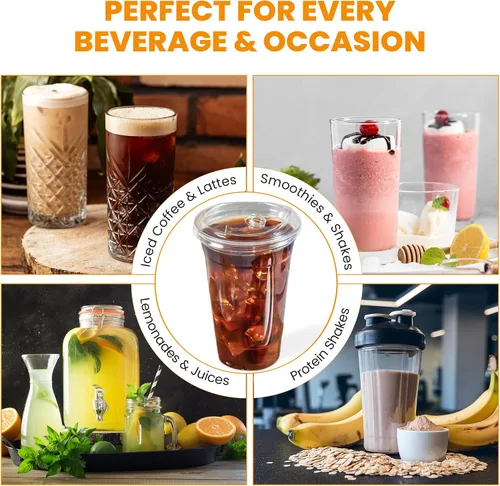 Vista 7 de Vasos de plástico transparente de 24 onzas con tapas y popotes gruesos, reutilizables, desechables para café helado para batidos, cerveza