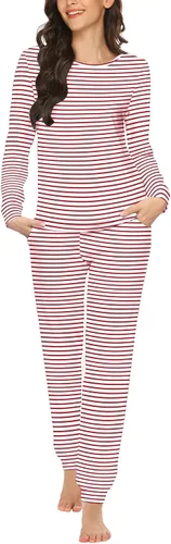 Vista 19 de Ekouaer - Conjunto de pijama de manga larga para mujer, ropa de dormir suave con cuello redondo y bolsillos, conjuntos de ropa de descanso Negro