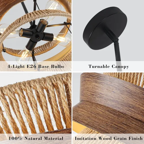 Vista 6 de Lámpara de araña de ratán tejida a mano de 19.7 pulgadas para comedor, lámpara bohemia de granja de 4 luces con textura de madera, lámpara colgante