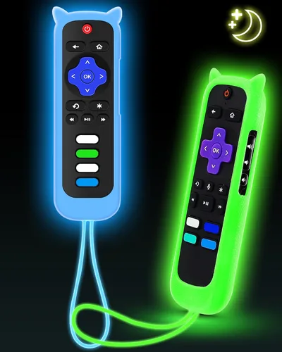 Vista 12 de ONEBOM - Juego de 2 fundas para control remoto Roku con diseño de orejas de Azul resplandor y rosa brillante