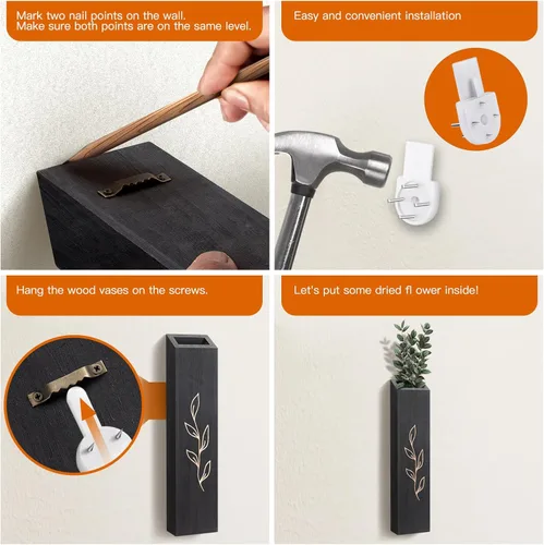 Vista 5 de Macetero de pared de madera, paquete de 4 jarrones de pared con bolsillo para interiores, decoración para sala de estar, dormitorio, flores secas