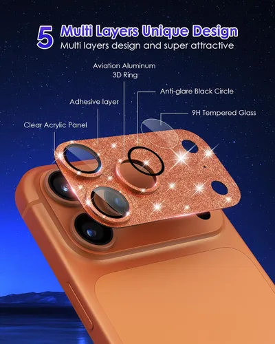 Vista 3 de Protector de lente de cámara compatible con iPhone 17 Pro Max [cobertura completa] Pantalla de vidrio templado 9H, cubierta de cámara con purpurina
