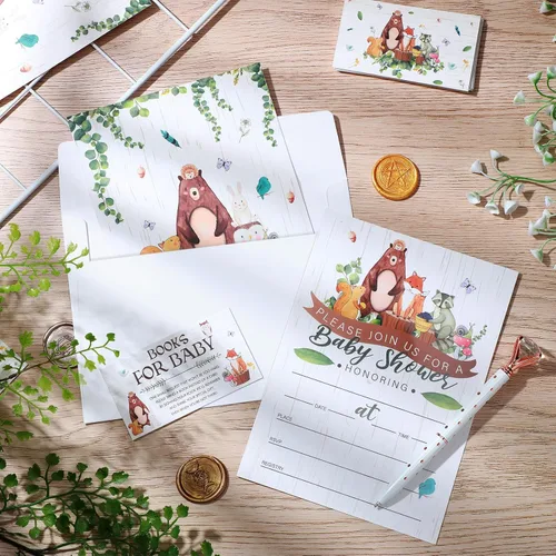 Vista 7 de Containlol Juegos de 28 invitaciones para baby shower de animales del bosque, boletos para rifas de pañales, tarjetas de solicitud de libro de baby