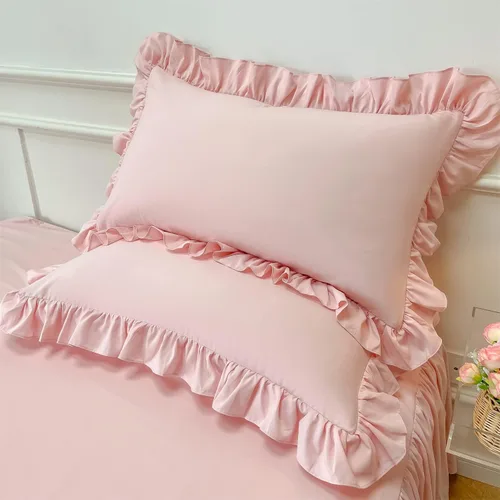 Vista 5 de MOOWOO Ropa de cama para niñas – Funda de edredón con volantes en cascada – 2 piezas Shabby Chic Color sólido suave y transpirable con cierre de Rosa