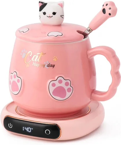 Vista 8 de Calentador de tazas de café y lindo juego de tazas de gato, calentador de tazas de bebidas para escritorio, oficina en casa con 4 ajustes