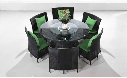 Vista 3 de Manhattan Comfort Nightingdale - Juego de comedor para exteriores de 7 piezas con cristal redondo Lazy Susan, incluye 6 sillas de ratán, cojines