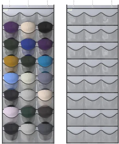 Vista 13 de Estante para gorras de béisbol, organizador de 24 bolsillos para colgar en la puerta con bolsillos profundos transparentes para mostrar la colección