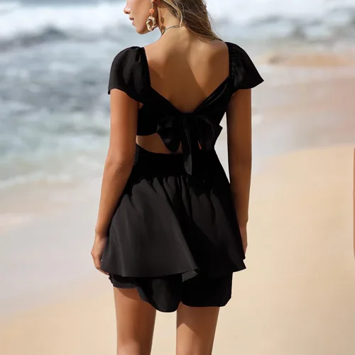Vista 2 de EXLURA Vestido de verano para mujer, con volantes, manga corta, con lazo en la espalda, cuello cuadrado, acampanado, lindo y corto