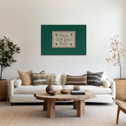 Vista 3 de Green Pink Striped Bathroom Wall Art Please Wash Your Hands Humor Canvas Print Mid Century Modern Poster and Posters for Vintage Bathroom