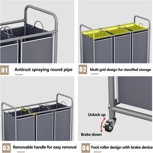 Vista 4 de LINZINAR Clasificador de ropa sucia de 3 bolsas, carrito de lavandería con ruedas enrollables resistentes y bolsas extraíbles (gris) Laundry Room