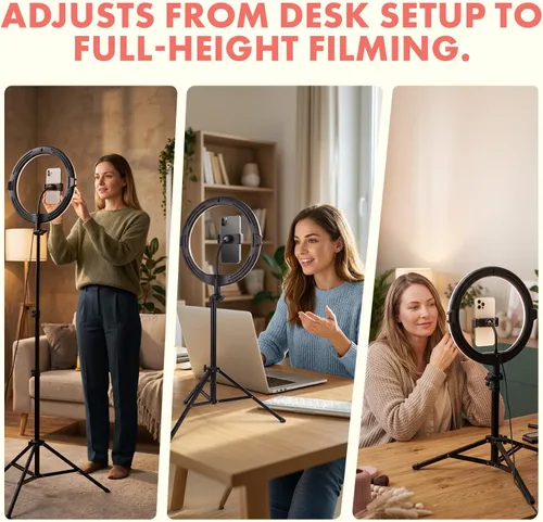 Vista 11 de SQUATZ Anillo de luz LED de 11 pulgadas para selfie de 12 W con control por cable, 3 modos de color, 10 niveles de brillo, soporte de trípode con 6
