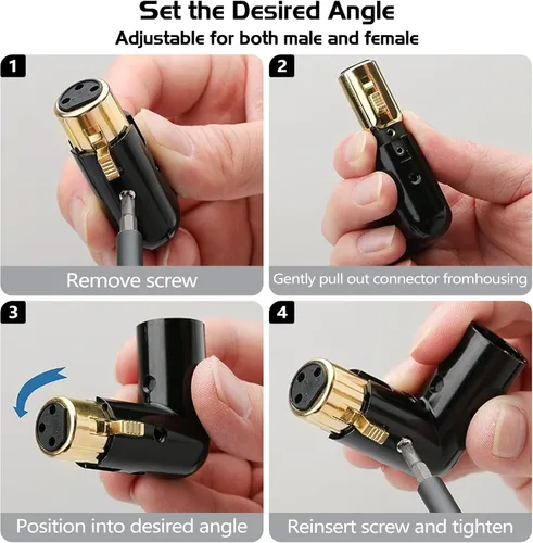 Vista 4 de MAD OWL Adaptador XLR de 3 pines de 90 grados, adaptador XLR de ángulo recto ajustable macho a hembra para cable DMX negro
