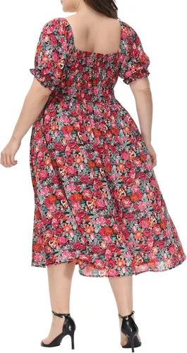 Vista 2 de ALLEGRACE Vestido de talla grande para mujer, bohemio, floral, cuello cuadrado, verano, casual, fluido, fiesta, playa, maxi vestidos