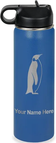Vista 29 de LaserGram Botella de agua personalizada, pingüino, acero inoxidable de doble pared aislada al vacío con popote superior, regalo grabado