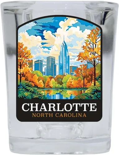 Vista 3 de Charlotte North Carolina Design A Souvenir - Vaso de chupito cuadrado de 2.5 onzas, base azul, paquete de 2