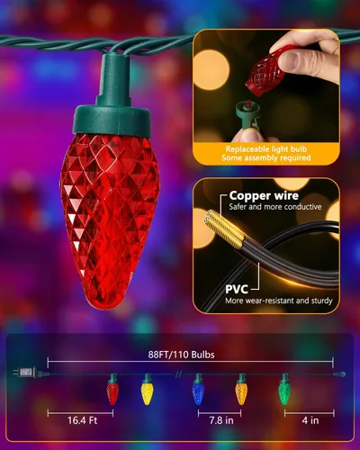 Vista 9 de Minetom Luces de Navidad C9 para exteriores, 88 pies, 110 luces LED con 8 modos de iluminación, impermeable, conectable, certificado UL