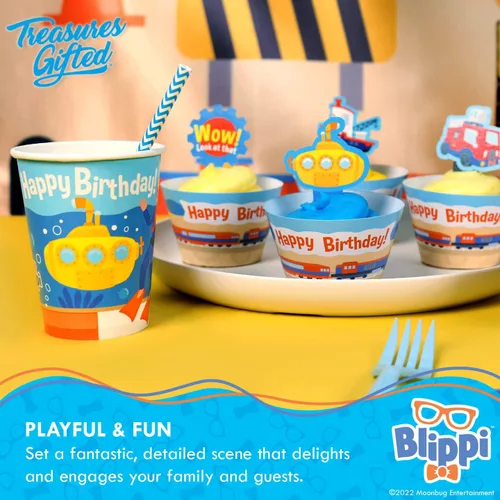 Vista 4 de Treasures Gifted Vehículo de tazas Blippi con licencia oficial de 16 unidades - 9 onzas - Suministros para fiesta de cumpleaños Blippi