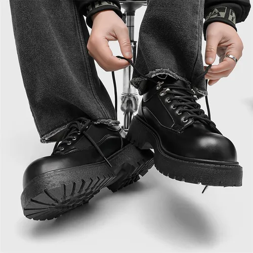 Vista 4 de Zapatos Oxford de cuero negro para hombre, tacón grueso, plataforma con cordones, zapatos casuales para caminar para uso diario al aire libre