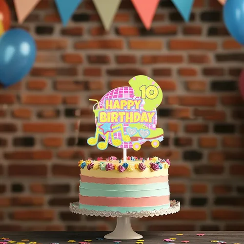 Vista 6 de Decoración retro de pastel de patinaje sobre ruedas para niñas, temática de discoteca de décimo cumpleaños, decoración de notas musicales, fiesta