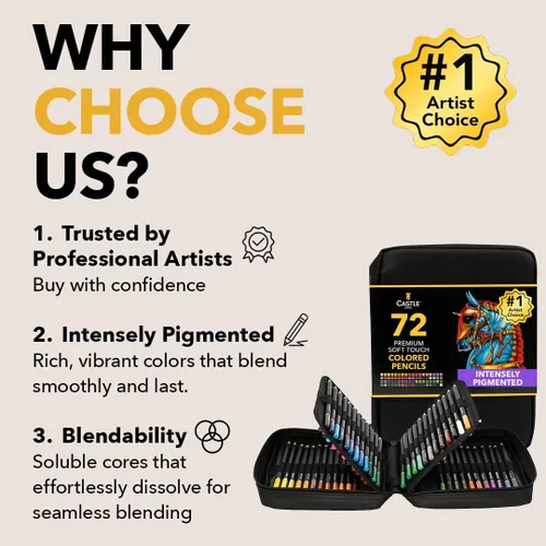 Vista 2 de Castle Art Supplies - Juego de 72 lápices de acuarela para colorear con estuche de cierre fácil para viajes para adultos y artistas Lápices