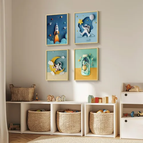 Vista 6 de Arte de pared enmarcado con temática espacial para habitación de niños