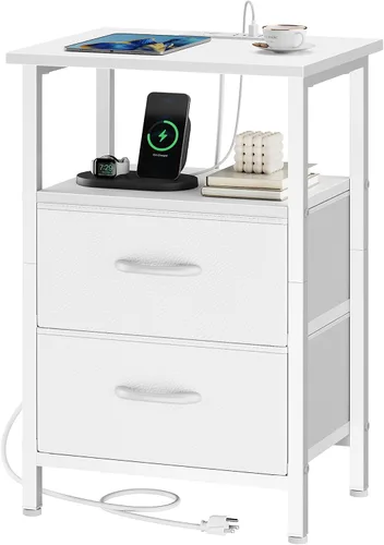 Vista 9 de Vagusicc Nightstand with Charging Station, End Table Bedside Table with 2 Fabric Drawers, Black Night Stand with USB Ports & Outlets, 24.2" Tall Bed