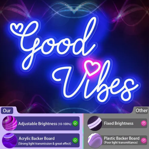 Vista 6 de Good Vibes - Letrero de neón para decoración de pared, regulable, alimentado por USB, luz de neón LED Good Vibes para fiesta y regalo