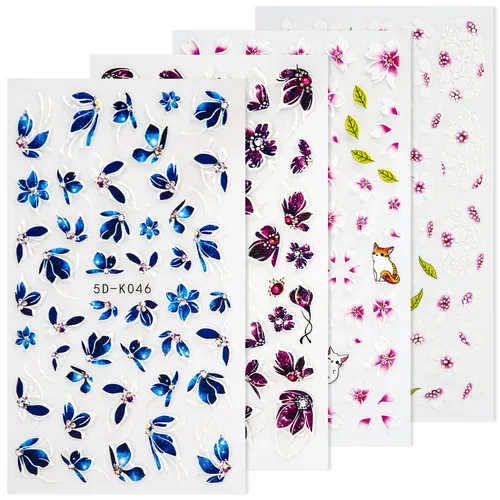 Vista 13 de Calcomanías de uñas, 4 hojas en relieve floral 5D, autoadhesivas para manicura de bricolaje
