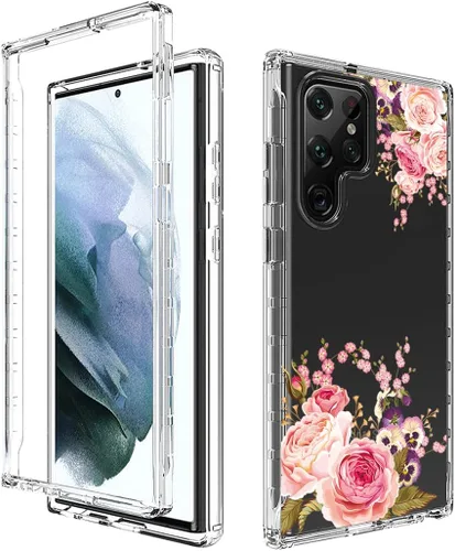 Vista 6 de Funda para Galaxy S22 Ultra, SM-S908U con protector de pantalla de vidrio templado, cuerpo completo transparente con protección de diseño floral