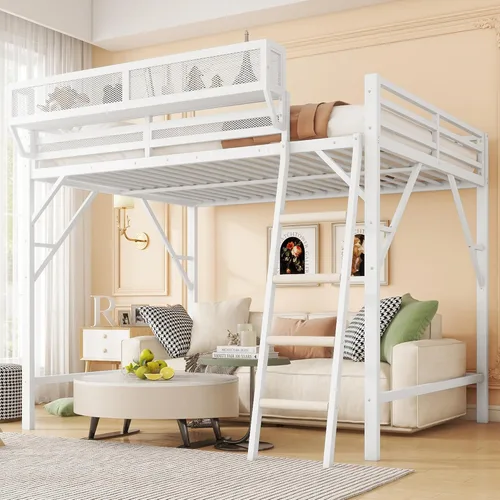 Vista 18 de Mirightone Cama elevada de tamaño completo con escaleras, camas elevadas de metal, estructura de cama elevada con estantes de almacenamiento, cama
