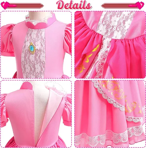 Vista 6 de Tacobear Disfraz de princesa melocotón para niñas, vestido con accesorios para Halloween, cumpleaños, ropa de princesa para niñas pequeñas