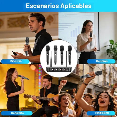Vista 8 de Aveek Sistema de micrófono inalámbrico con paquete de 4 micrófonos dinámicos de mano, alcance de 262 pies, batería de 40 horas, sonido de estudio