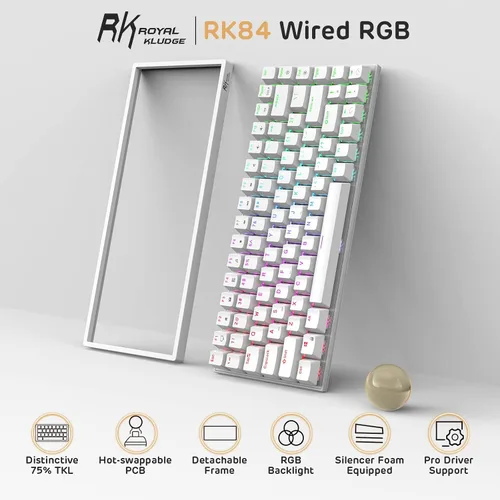 Vista 2 de RK ROYAL KLUDGE RK84 Teclado mecánico con cable RGB 75% intercambiable en caliente, teclado para juegos TKL sin llave de 84 teclas con software