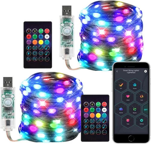 Vista 12 de WS2812B - Guirnalda de luces inteligentes de 33 pies, USB, Bluetooth, con temporizador y control remoto, sincronización de música, modos divertidos