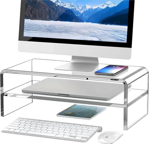Vista 10 de Egchi Soporte Elevador de Monitor de Acrílico, Soporte Elevador de Monitor de Computadora Transparente de 2 Niveles para Oficina en Casa y Negocios