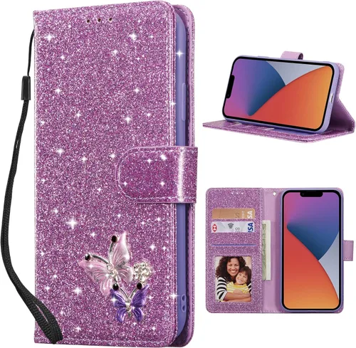 Vista 25 de UEEBAI Funda tipo cartera para iPhone 11, funda de piel sintética con purpurina para teléfono, ranuras para tarjetas, funda con función atril Negro
