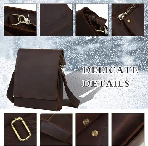 Vista 6 de Leathario Bolso bandolera de cuero genuino para hombre, bolso de hombro para hombre, pequeño mensajero, retro, viaje, trabajo
