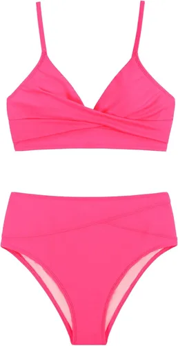 Vista 5 de CUPSHE - Conjunto de bikini torcido de cintura alta con cuello en V para mujer color rojo